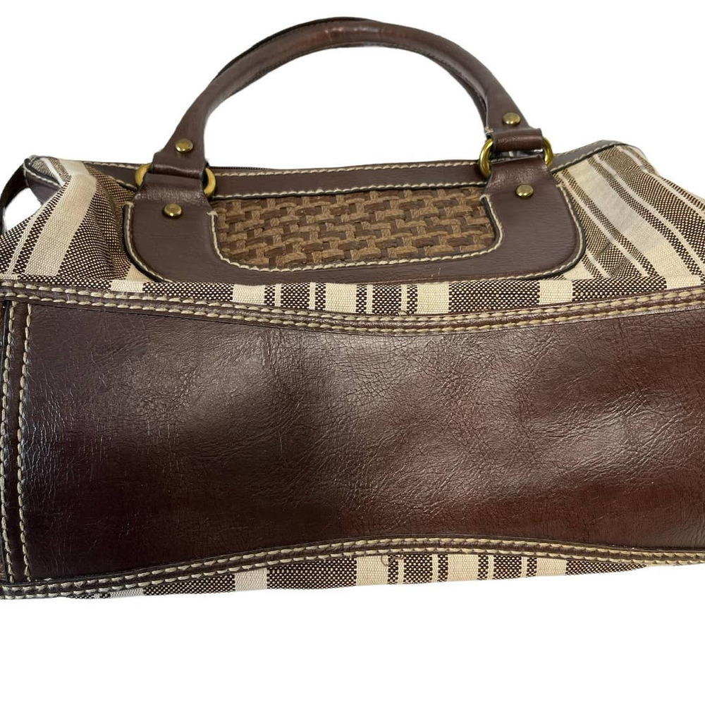 Fossil Large Canvas Brown Vegan Striped Tote Handbag Purse - Picture 3 of 7